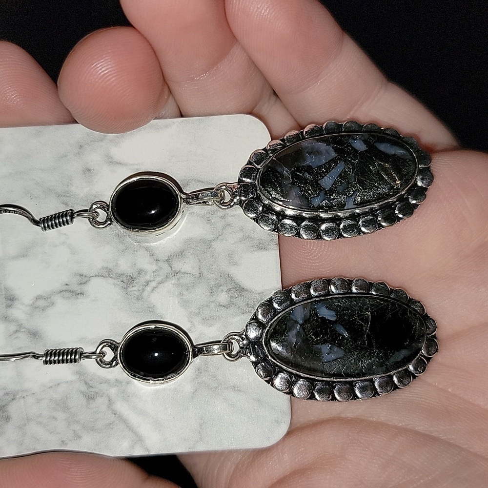 Gabbro Jasper & Black Onyx Dangle Earrings